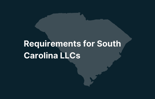 Graphic image of South Carolina state silhouette in grey on a dark teal background with white text that says 'Requirements for South Carolina LLCs' positioned on the left side