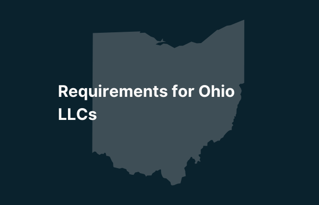 Graphic image of Ohio state silhouette in grey on a dark teal background with white text that says 'Requirements for Ohio LLCs' positioned on the left side