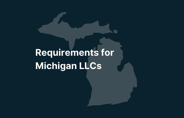 Graphic image of Michigan state silhouette in grey on a dark teal background with white text that says 'Requirements for Michigan LLCs' positioned on the left side