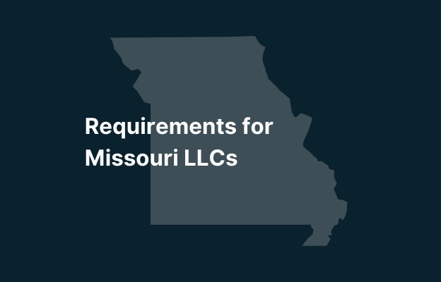 Graphic image of Missouri state silhouette in grey on a dark teal background with white text that says 'Requirements for Missouri LLCs' positioned on the left side