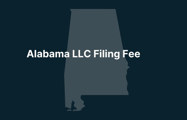 Graphic image of Alabama state silhouette in grey on a dark teal background with white text that says 'Alabama LLC Filing Fee' positioned on the left side