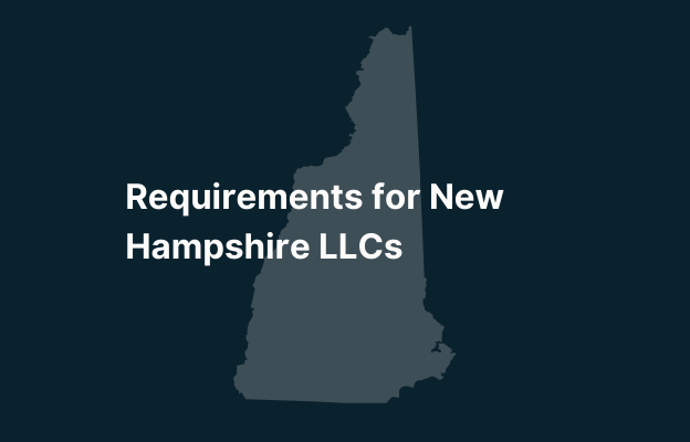 Graphic image of New Hampshire state silhouette in grey on a dark teal background with white text that says 'Requirements for New Hampshire LLCs' positioned on the left side