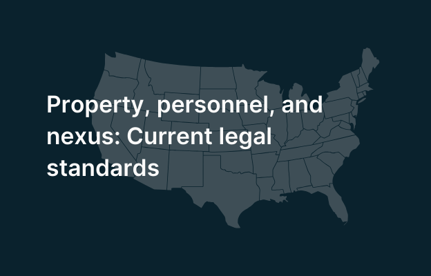 US map with property, personnel, and nexus legal standards text