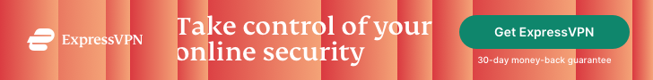 Banner advertisement for ExpressVPN to take control of your online security