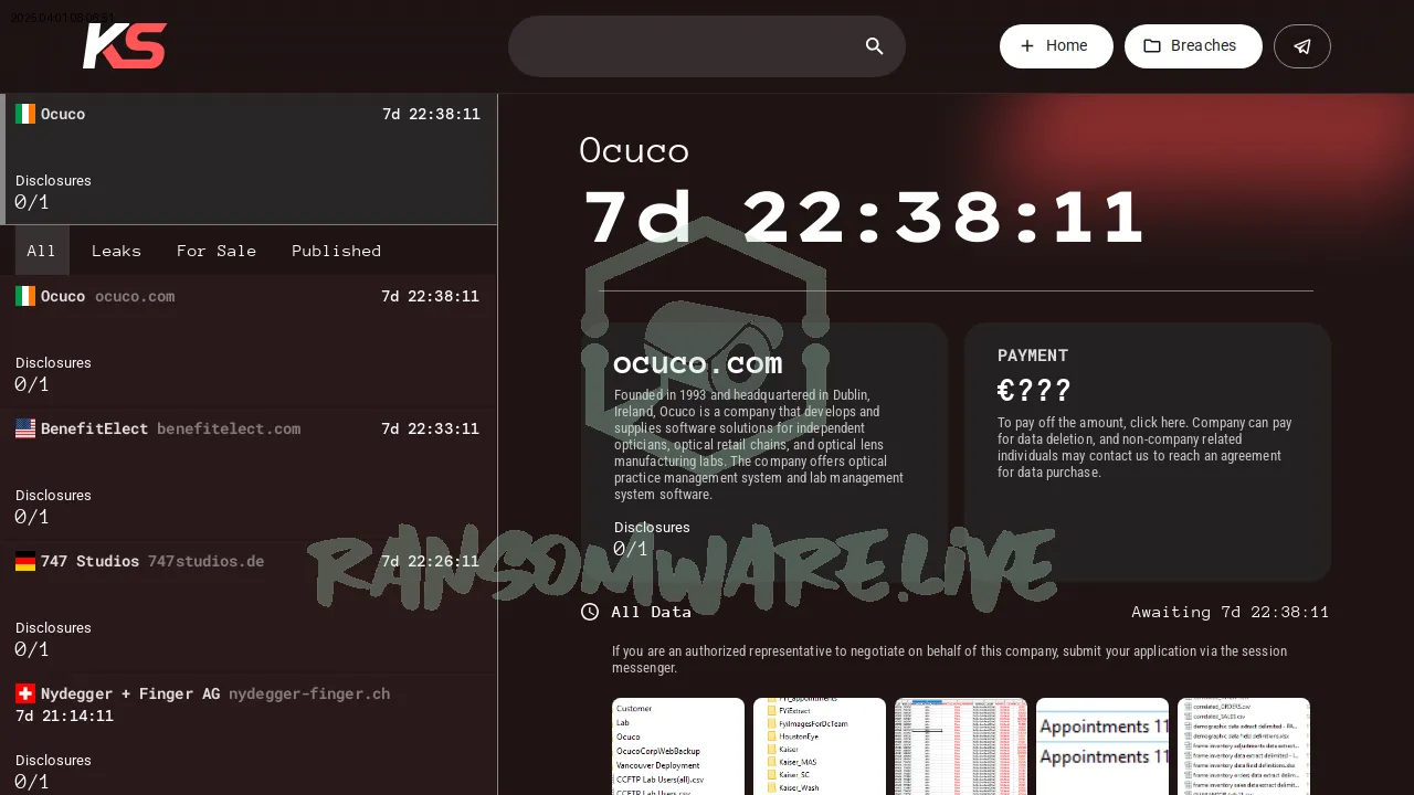 Screenshot of Ocuco Inc data on the dark web