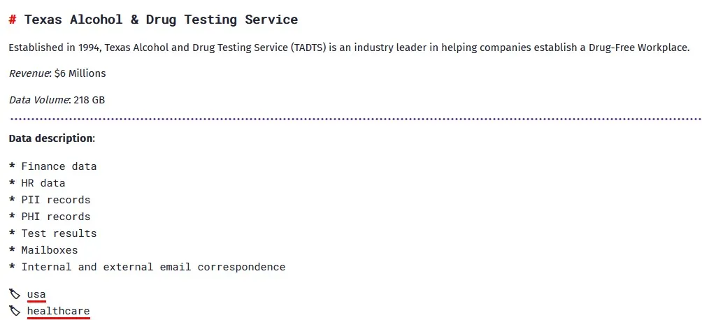 screenshot of The Alcohol & Drug Testing Service on the dark web