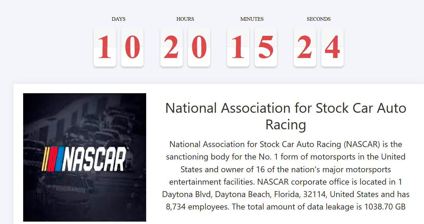 Screenshot of NASCAR's ransomware demand on the dark web