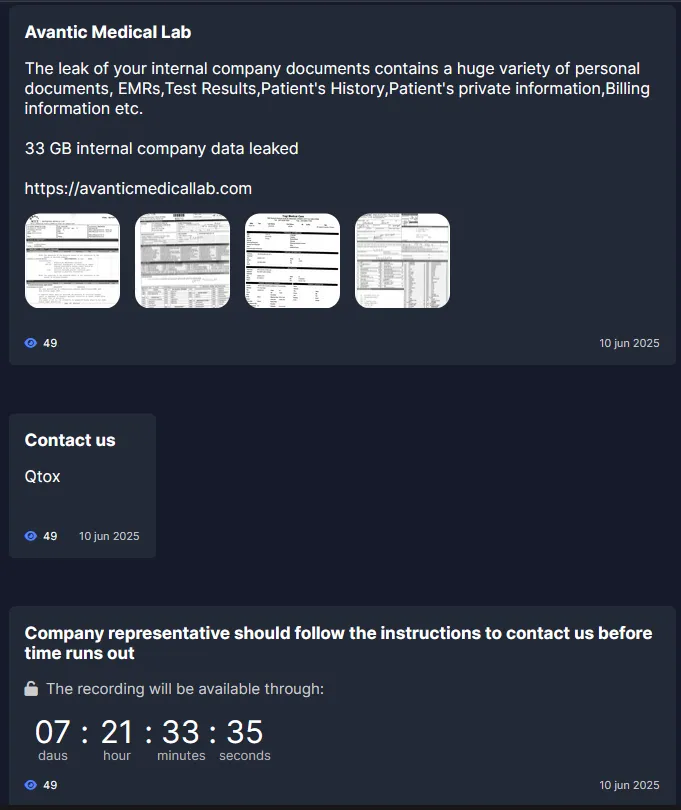 A screenshot of the Avantic Medical Lab ransomware demand on the dark web