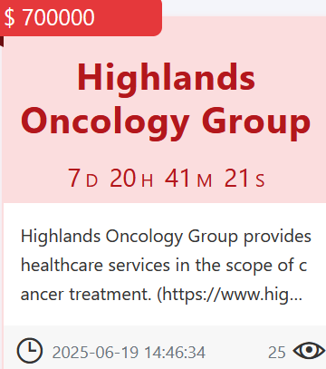 A screenshot of Highlands Oncology Group's data for sale on the dark web
