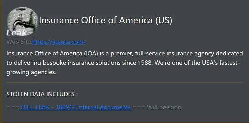 sacreeshot o Insurance Office of America on the dark web