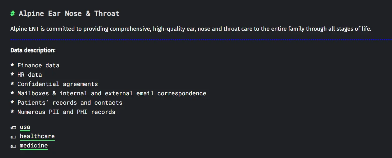A screenshot of Alpine ENT on the dark web