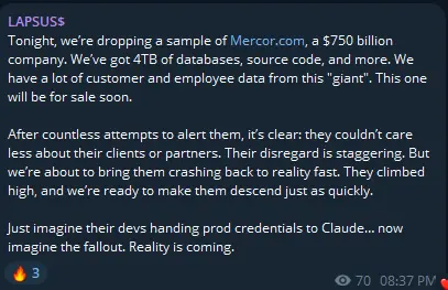 A screenshot of Mercor' data allegedly for sale on Telegram