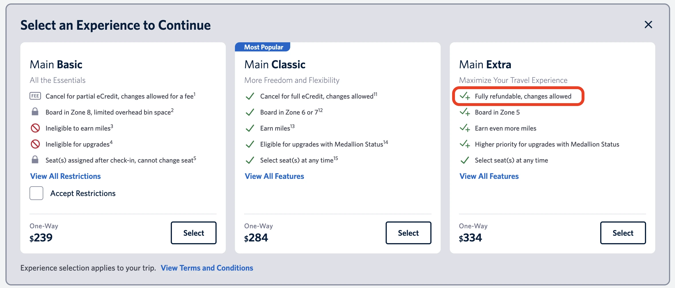 A screenshot of Delta's checkout flow showing higher prices for fully refundable tickets