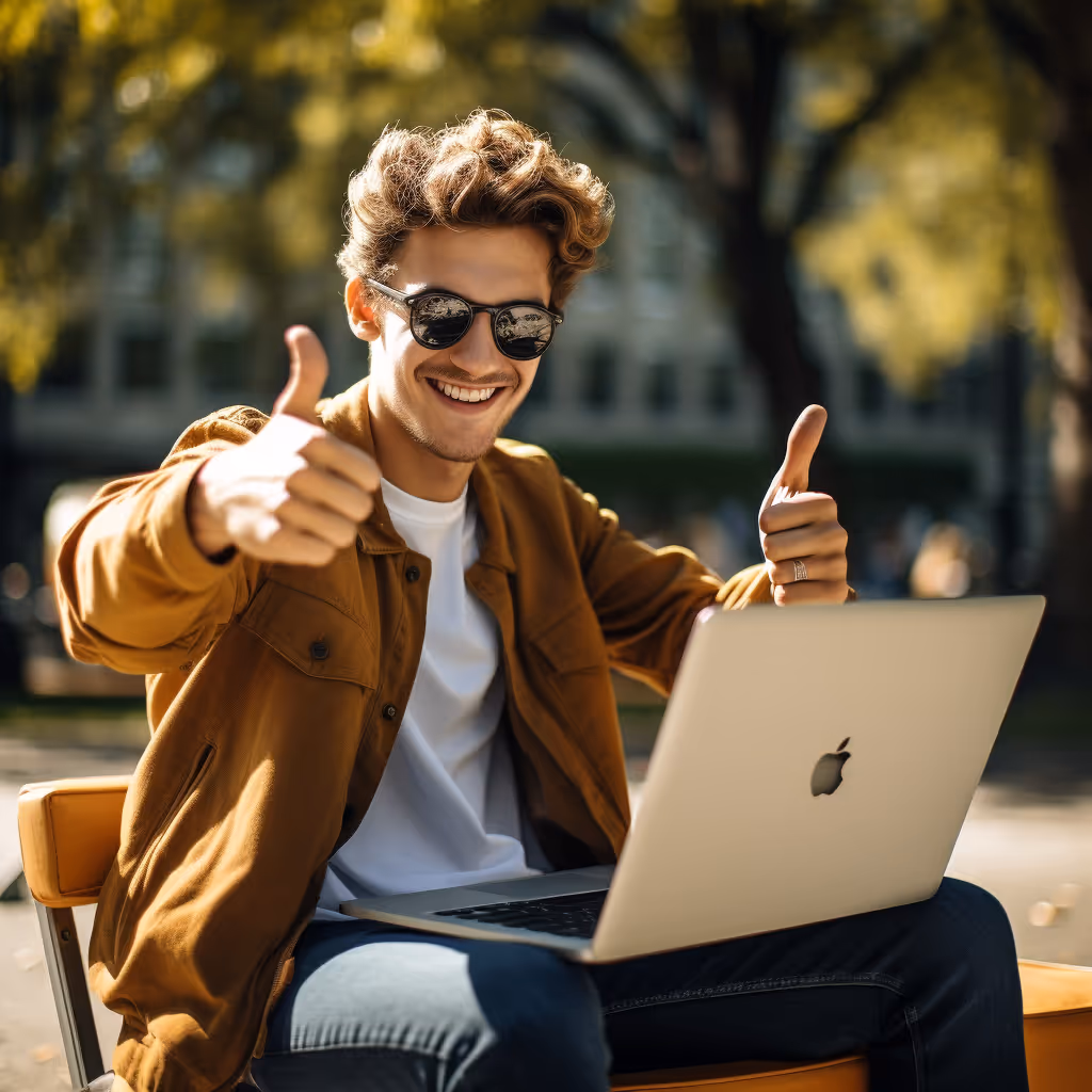 Man using laptop and giving the camera a thumbs up