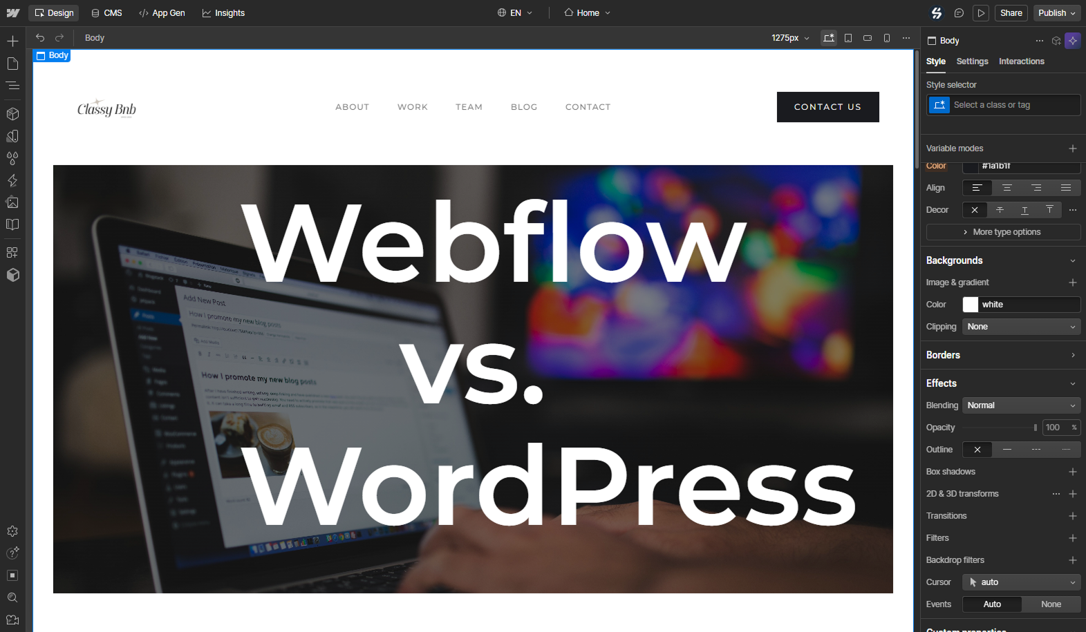 A Snapshot of the Webflow platform with the text 'Webflow vs WordPress' in its center.