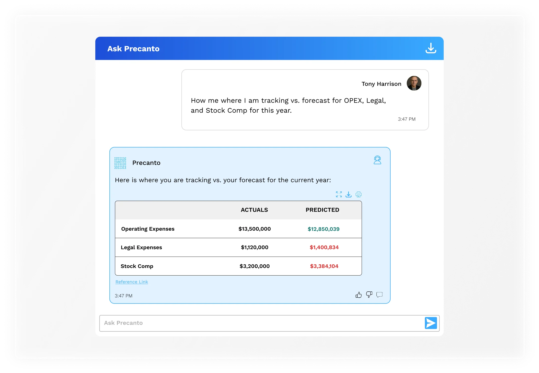 Ask Precanto AI finance chatbot displaying real-time forecast adjustments with variance breakdown for operating, legal, and stock-compensation expenses.