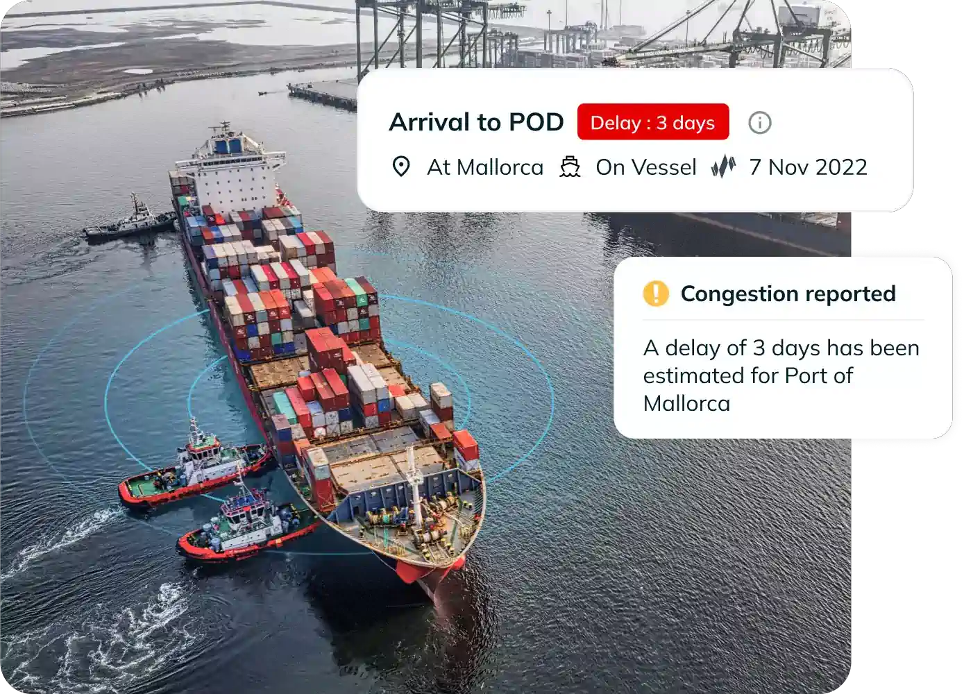 Image of an embarking vessel combined with banners from Portcast container tracking platform.