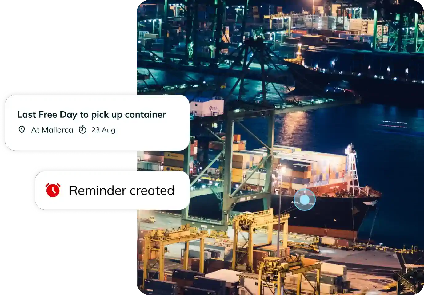 Photo of a port terminal overlayed with interface alerts with terminal tracking data from Portcast.