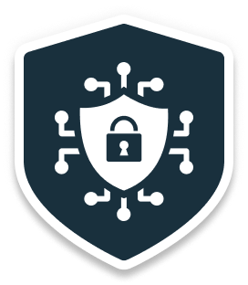 Shield with a padlock symbol connected to network nodes, representing cybersecurity protection.