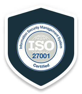Shield-shaped badge with 'ISO 27001 Certified' and 'Information Security Management System' text surrounding a globe icon.