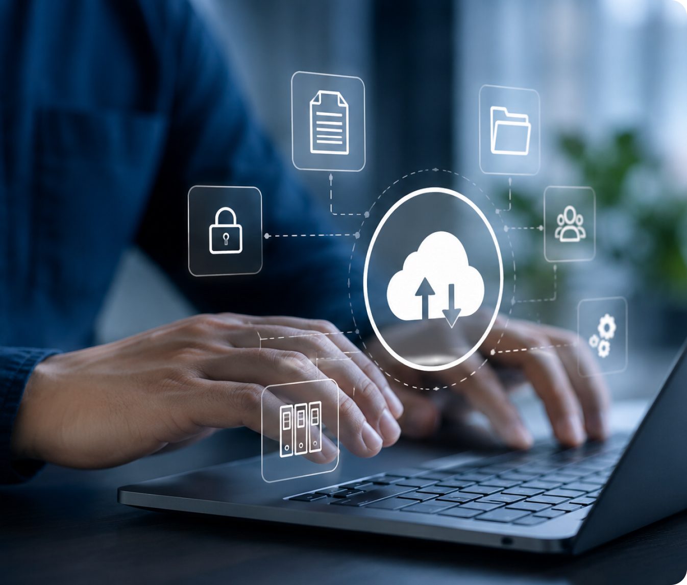 Person working on a laptop with connected cloud and system integration icons