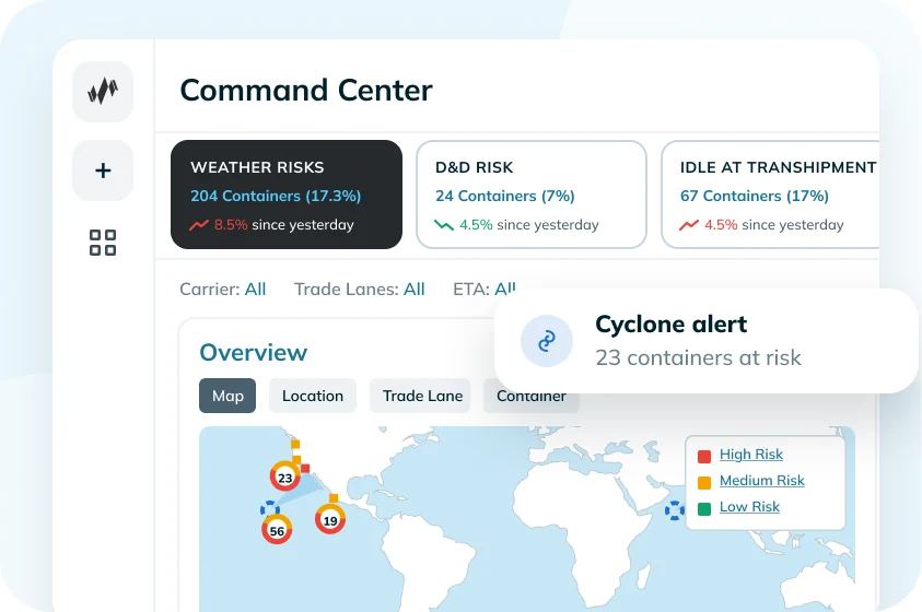 Portcast Command Center showing weather, D&D and transhipment risk with a cyclone alert