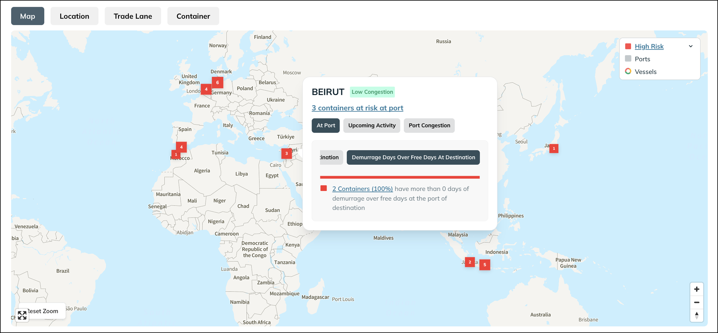 A snapshot from Portcast showing an at-risk container highlighted for immediate action.