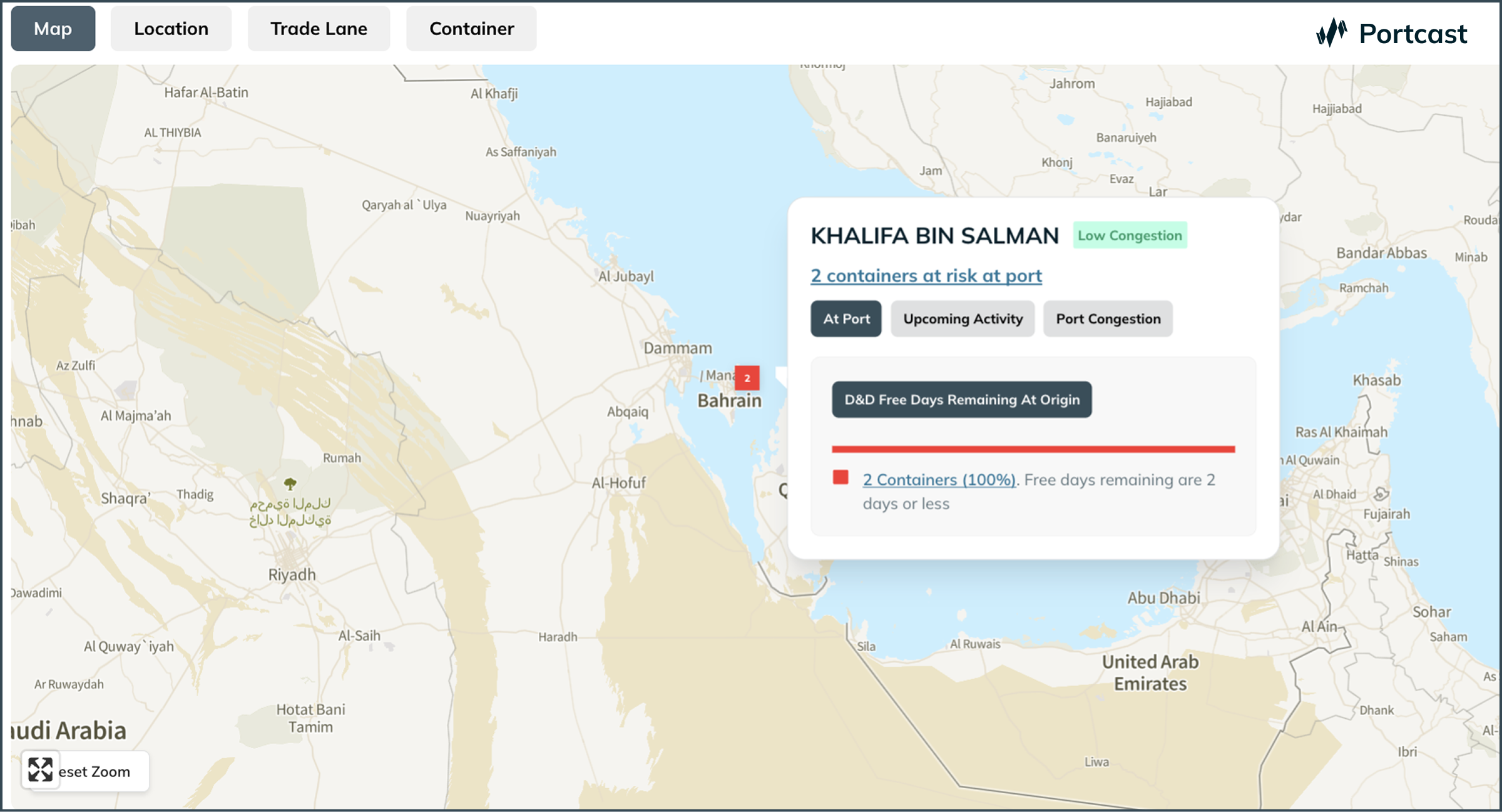 Managing ocean freight risks in real-time. A snapshot showing how Portcast surfaces risks for its customers in real-time.