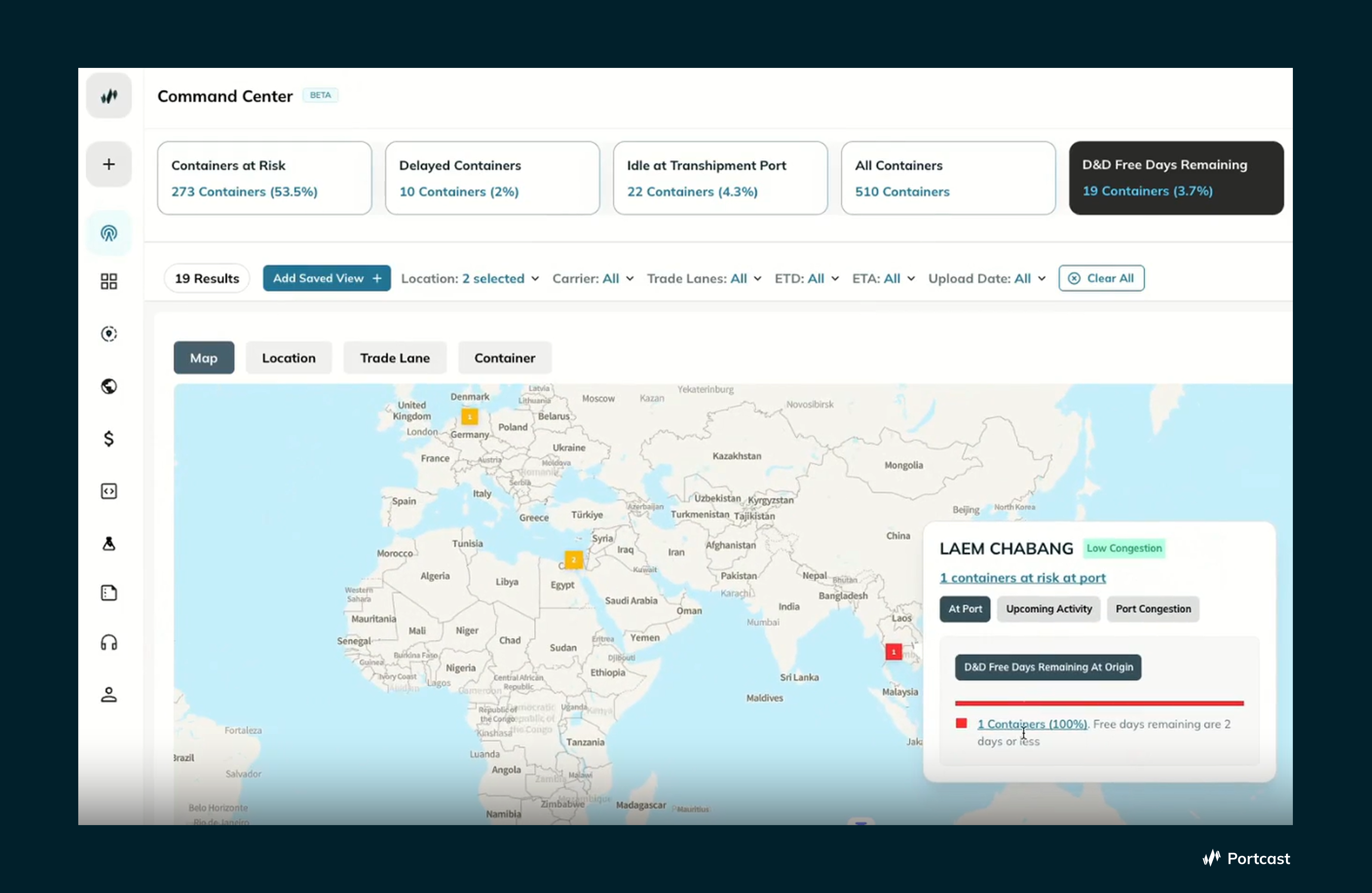 Screenshot of Portcast Command Center, a logistics control tower that highlights shipment risks in real-time, including D&D charges