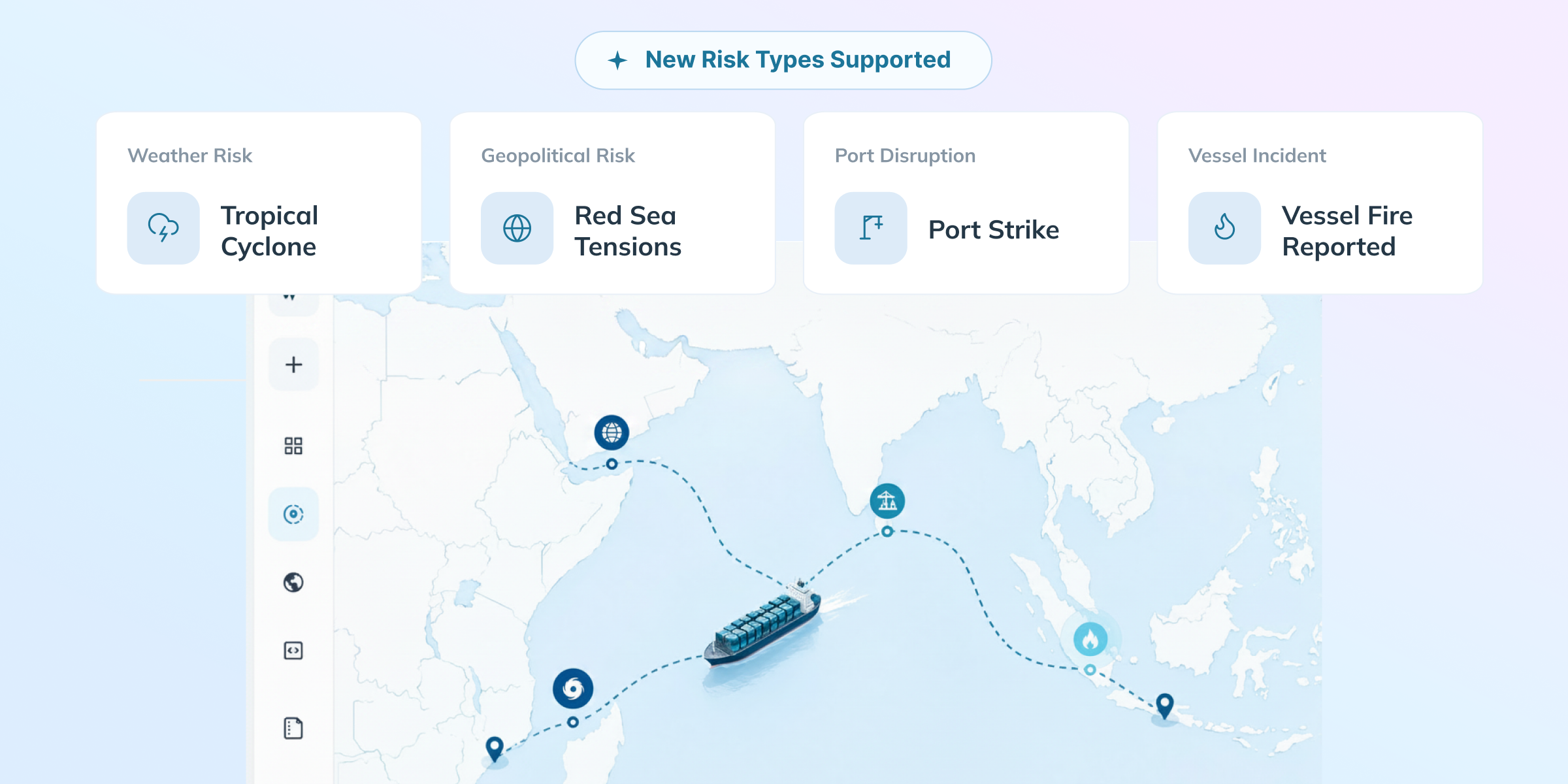An Image of Portcast Ocean Container Tracking Command Center Showing Risks Including Cyclone, Geopolitical, Port Strikes, and Vessel Incidents