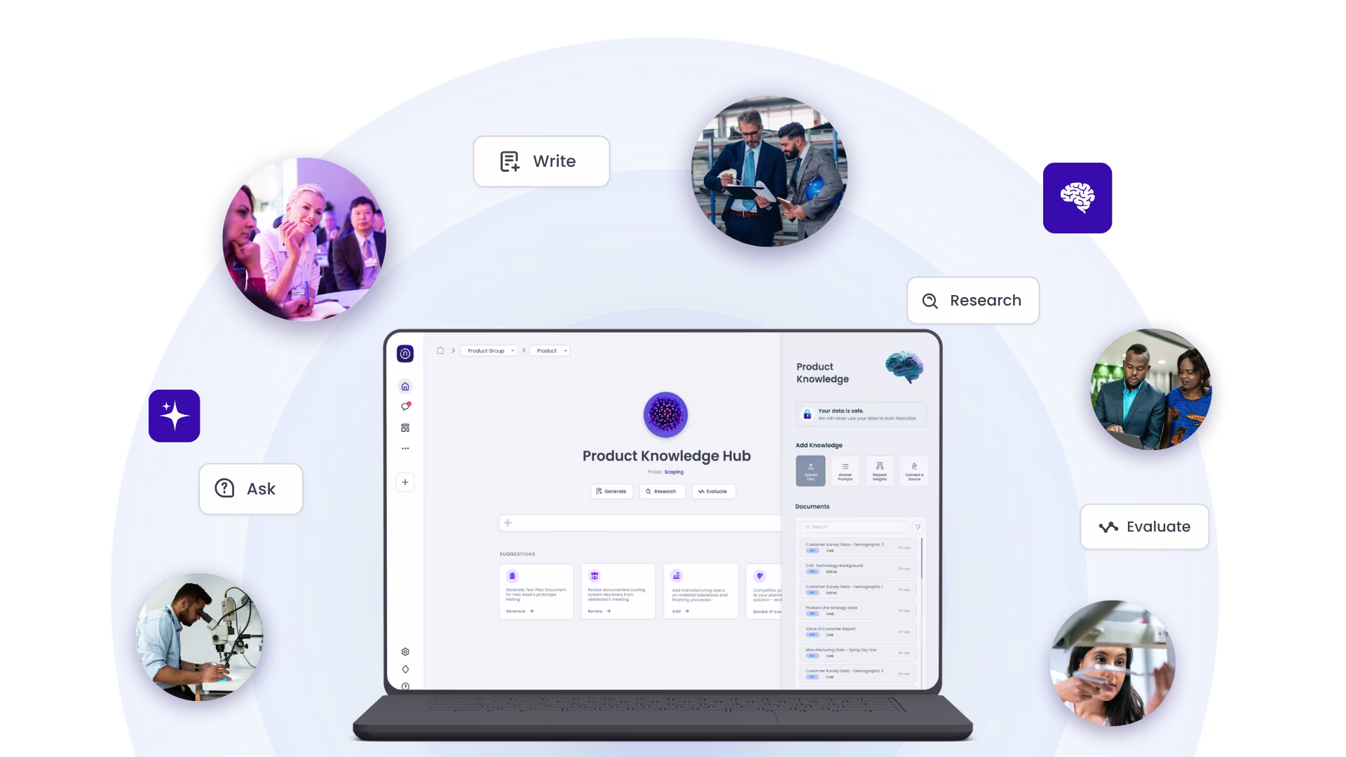 Narratize's Product Knowledge Hubs centralize the knowledge and insights of cross-functional teams, who can ask, write, research, and evaluate