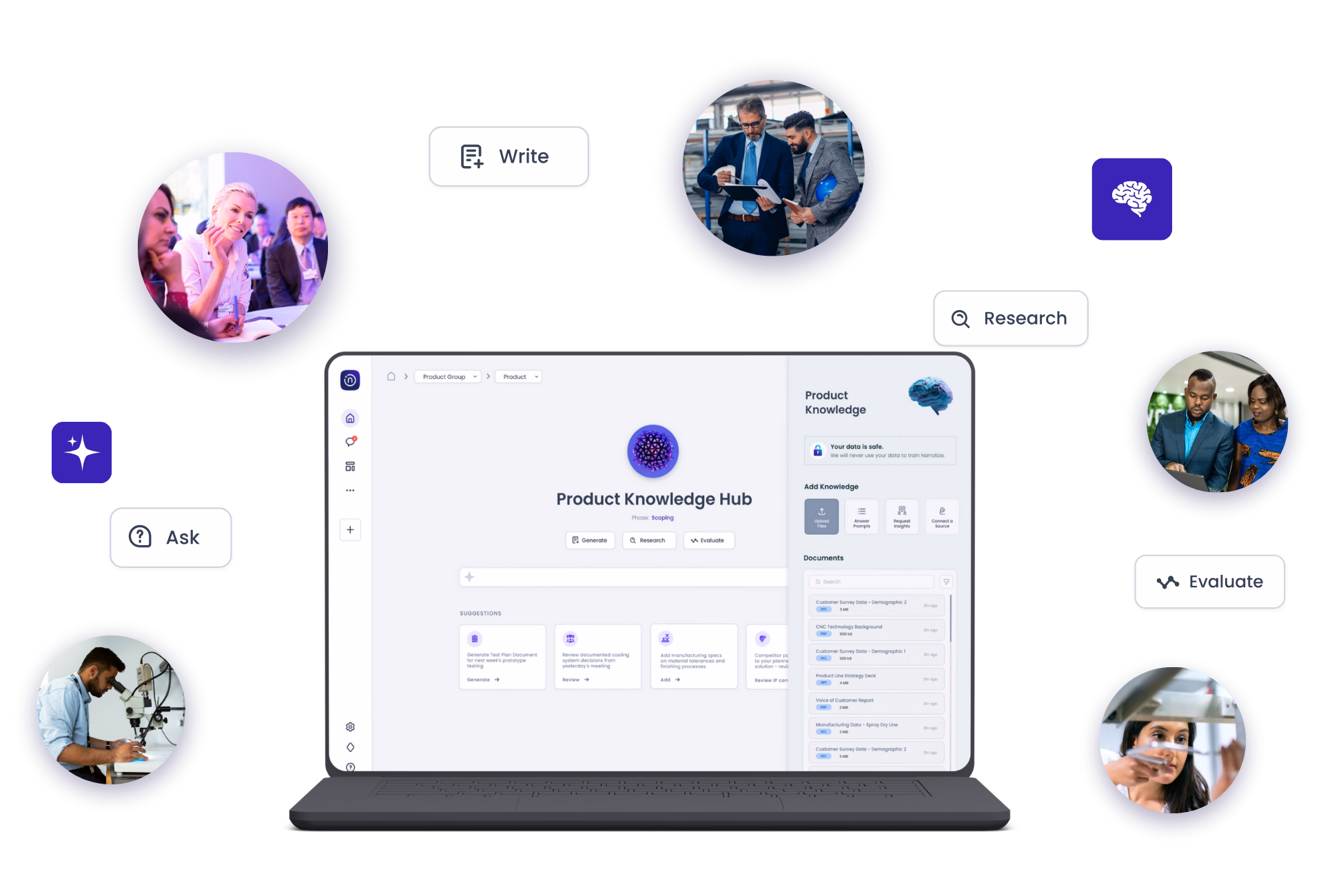 Narratize's Product Knowledge Hubs centralize the knowledge and insights of cross-functional teams, who can ask, write, research, and evaluate