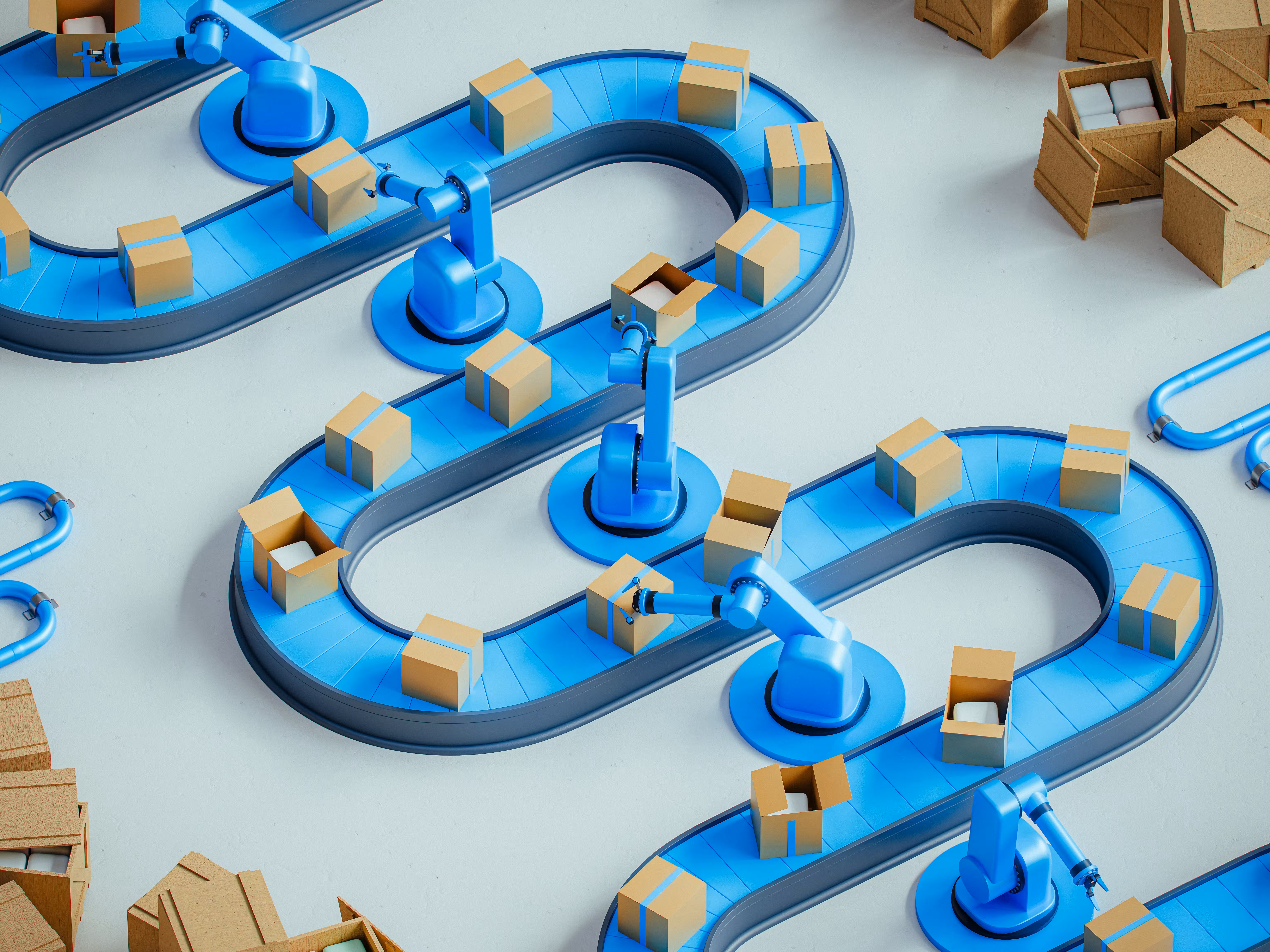 New products on a conveyor belt in manufacturing