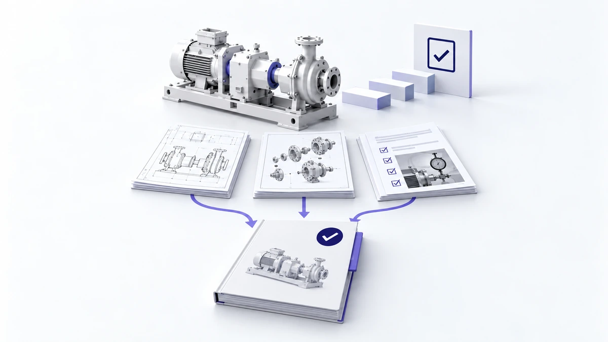 Industrial pump, engineering documents, and a completed gate review.