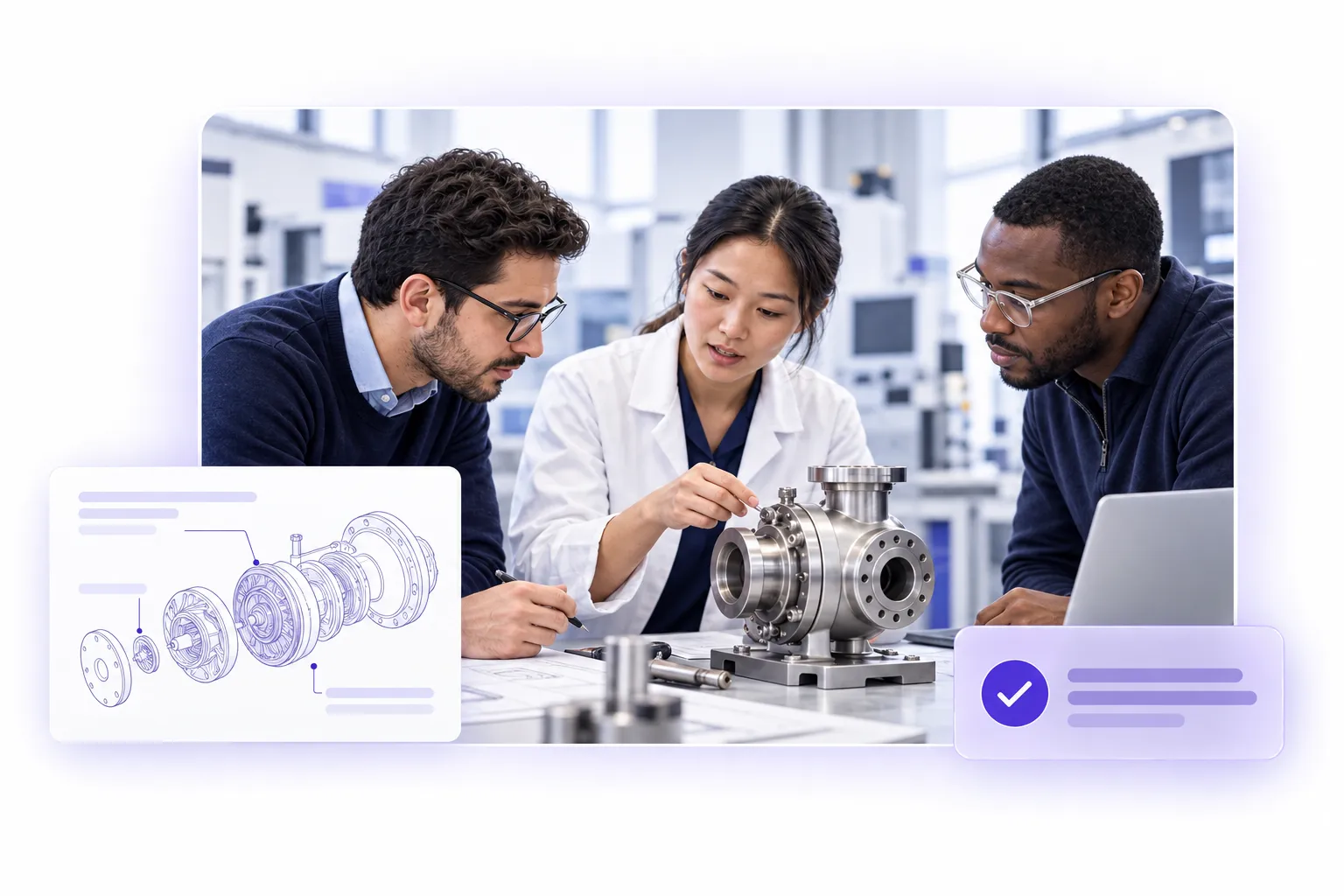 Illustrative engineering team reviewing a product prototype alongside technical knowledge and review documents.