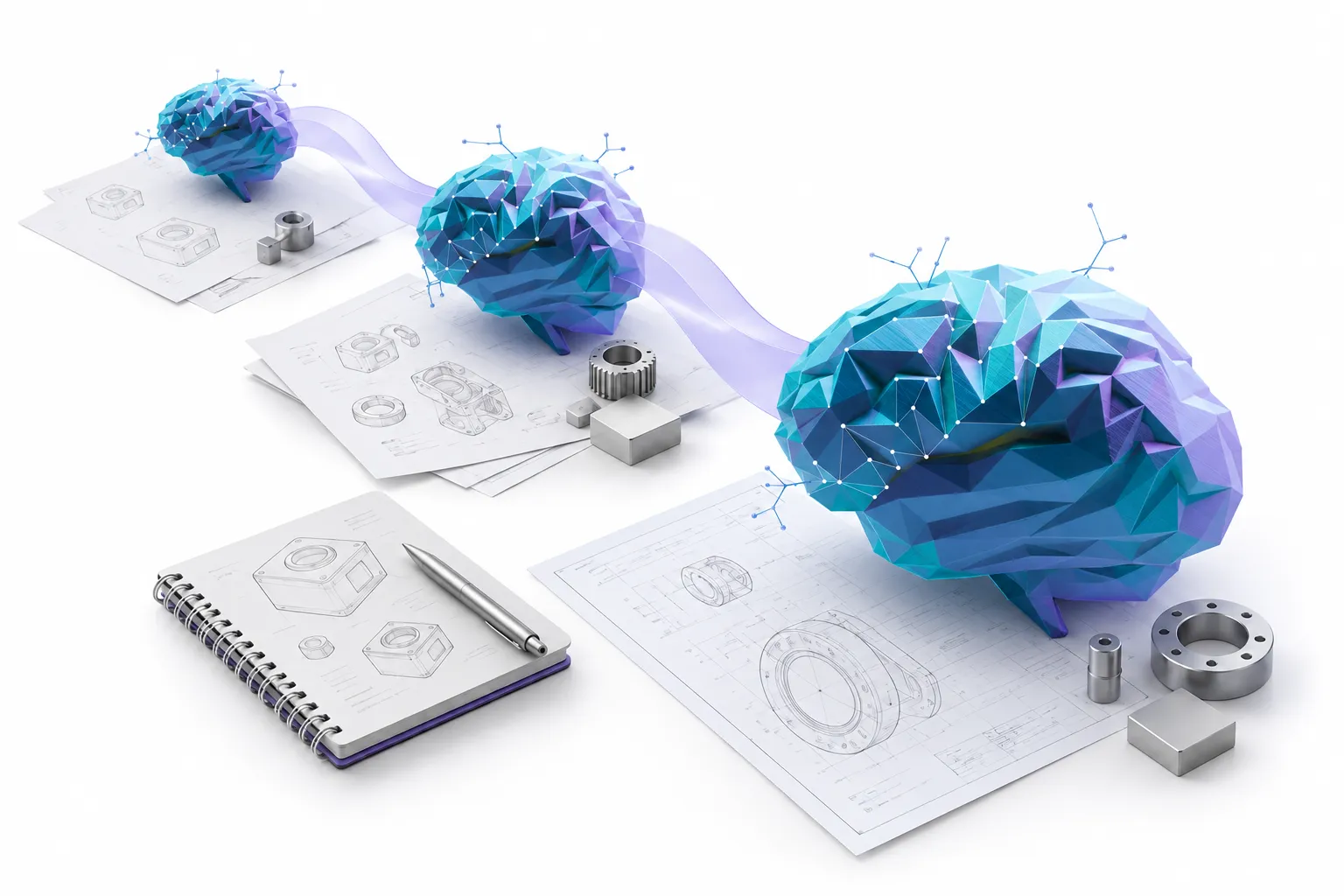 Three progressively larger faceted knowledge brains connected by lavender flows, surrounded by engineering drawings, machined parts, and a notebook as learning carries from project to project.