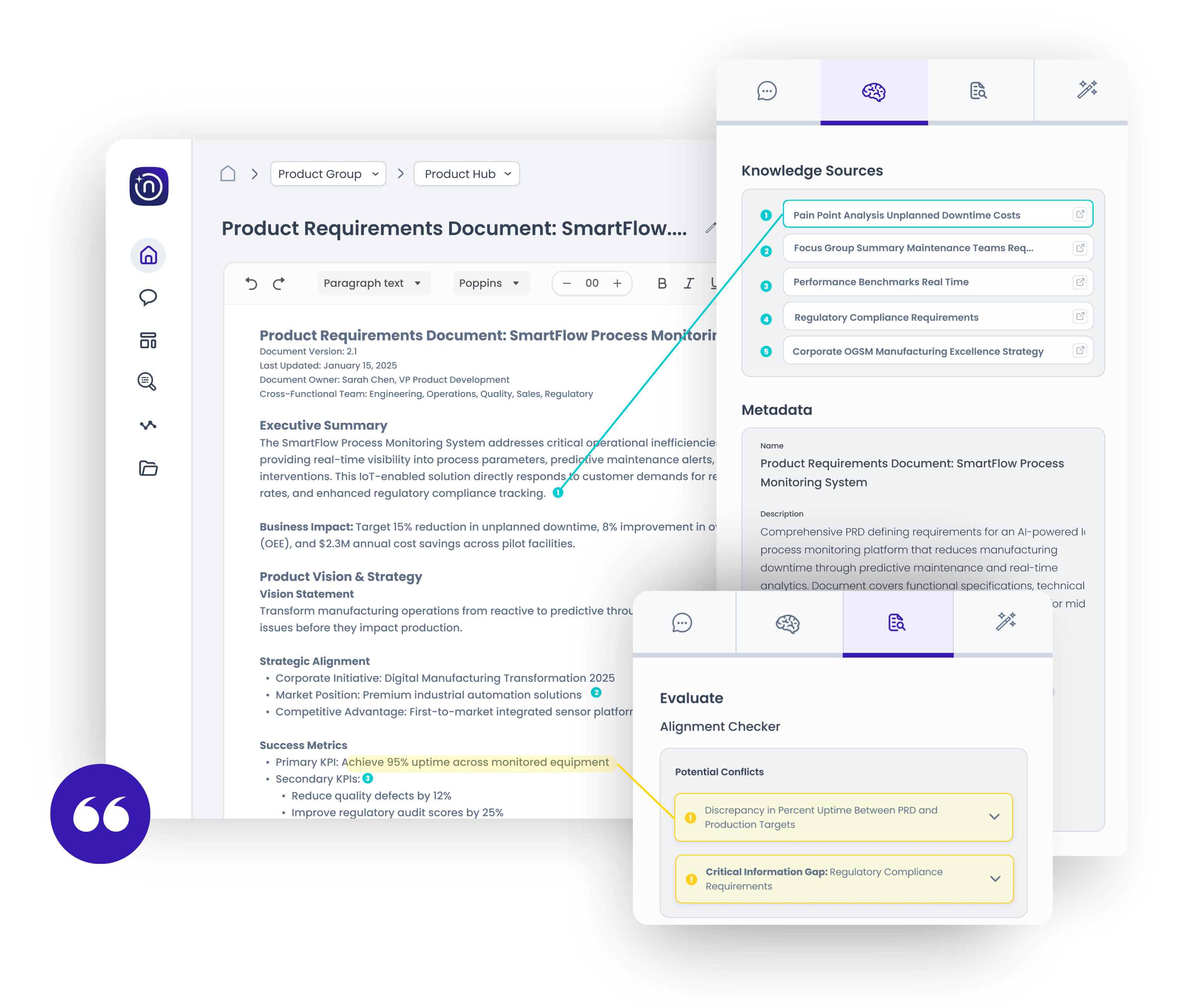 Narratize platform for product documentation tracks every insights to its source. The Alignment Checker Agent identifies misalignments and factual inconsistencies.n