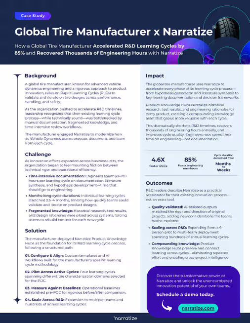 Global Tire Manufacturer Accelerates R&D Learning Cycles with Narratize - Case Study