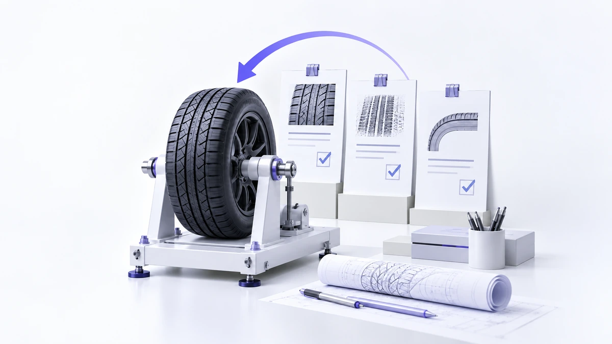 Tire testing rig with research records and a learning-cycle arrow.