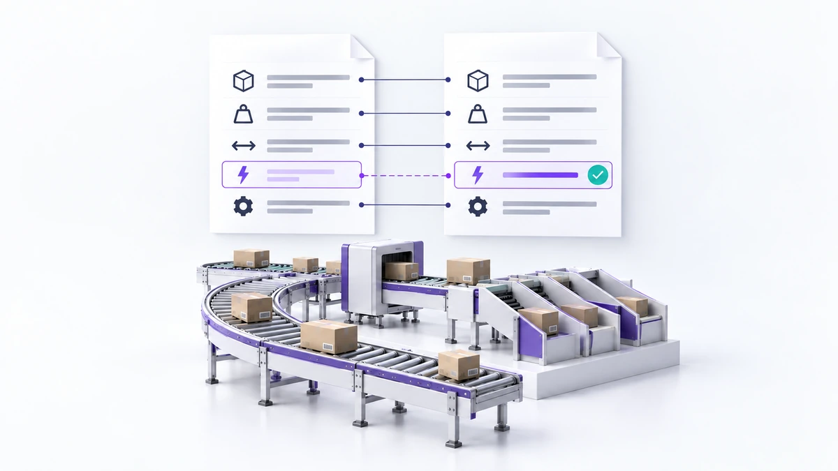 Specification comparison sheets above a parcel conveyor and sorting system.