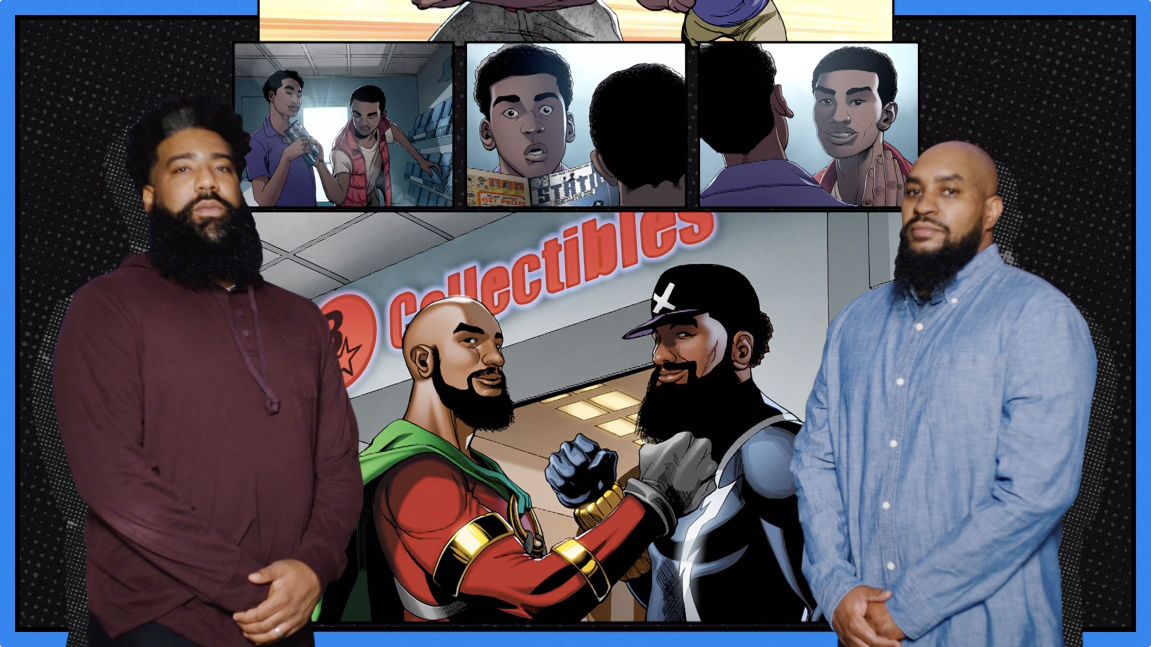 Two comic store owners standing in from of comic frames showing their life's journey