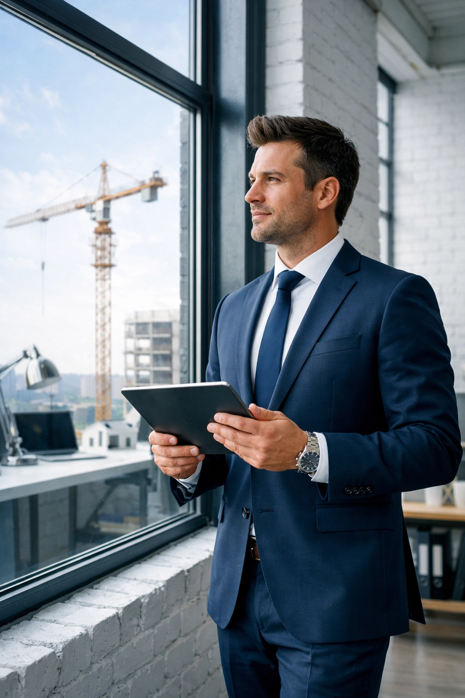 A mortgage broker overlooking a commercial construction site, planning a fast loan closing.