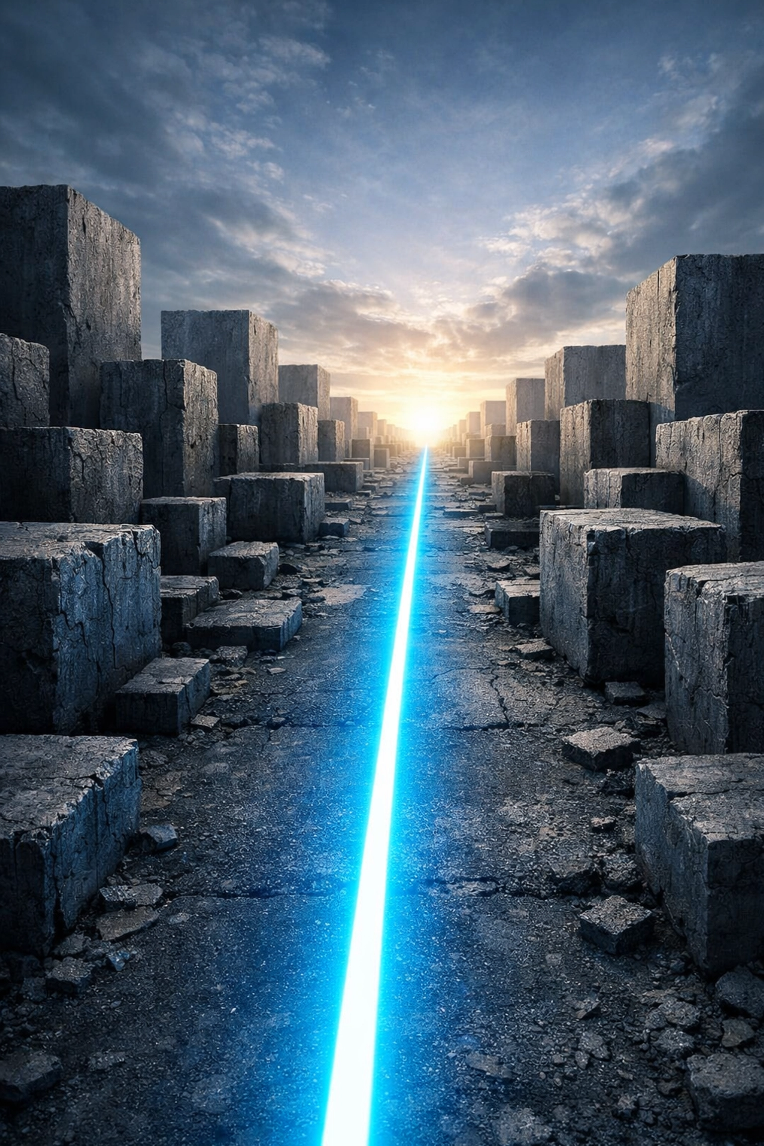 A bright blue line cutting through grey blocks, showing the fast path of table funding vs traditional bureaucracy.