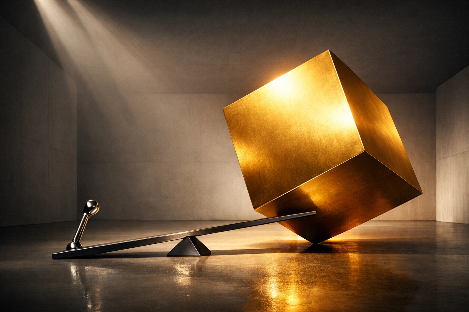 A chrome lever lifting a large golden cube, symbolizing financial leverage and capital efficiency for mortgage brokers.