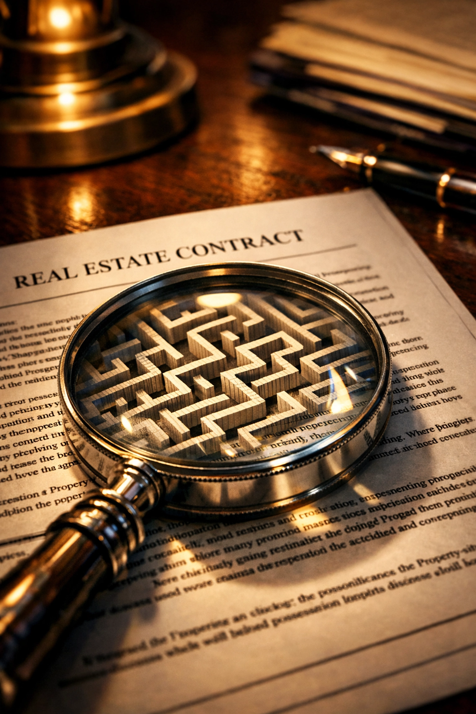 Magnifying glass examining a commercial real estate contract for hidden fees and prepayment penalties.