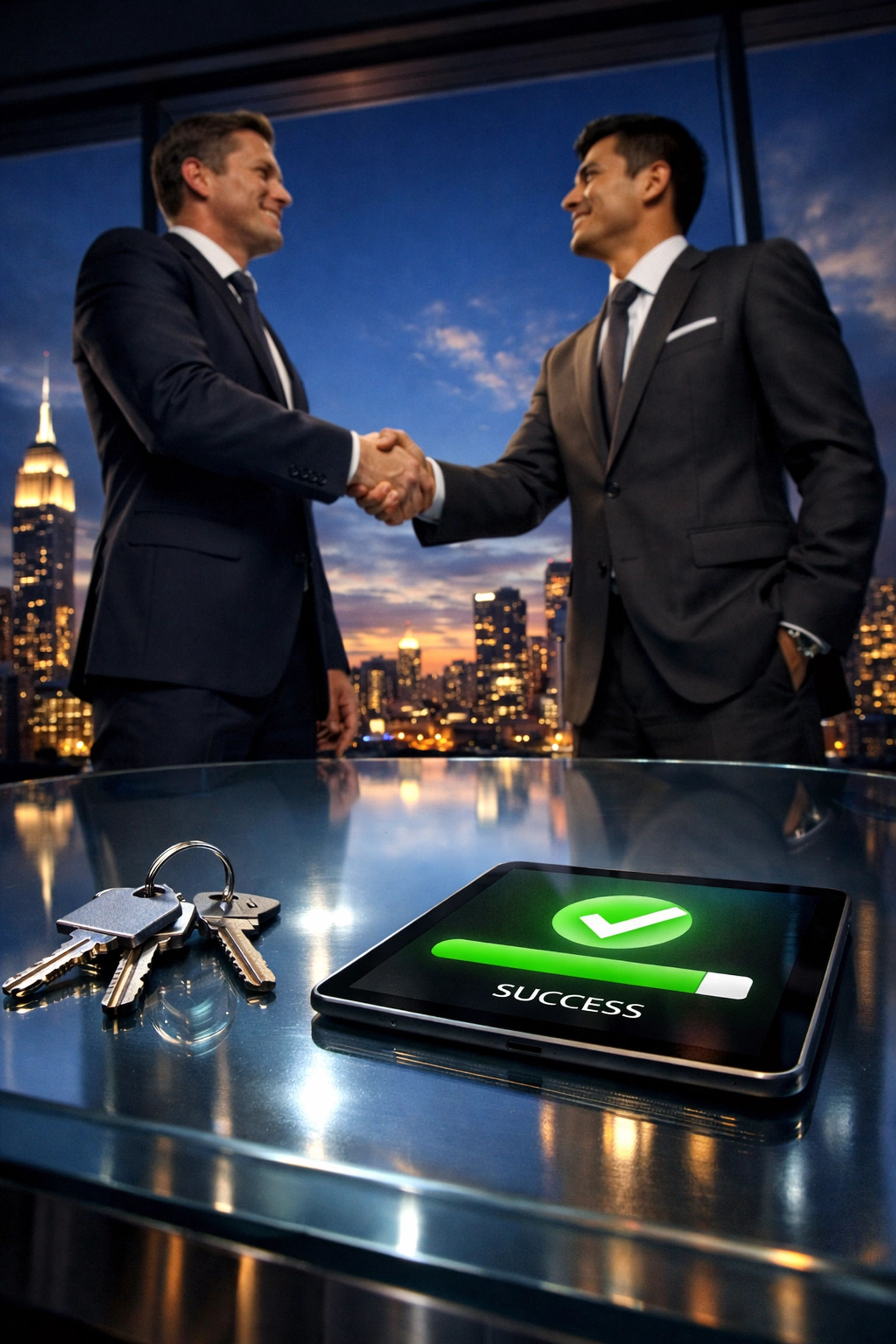 Mortgage broker and lender shaking hands after a successful commercial real estate loan closing.