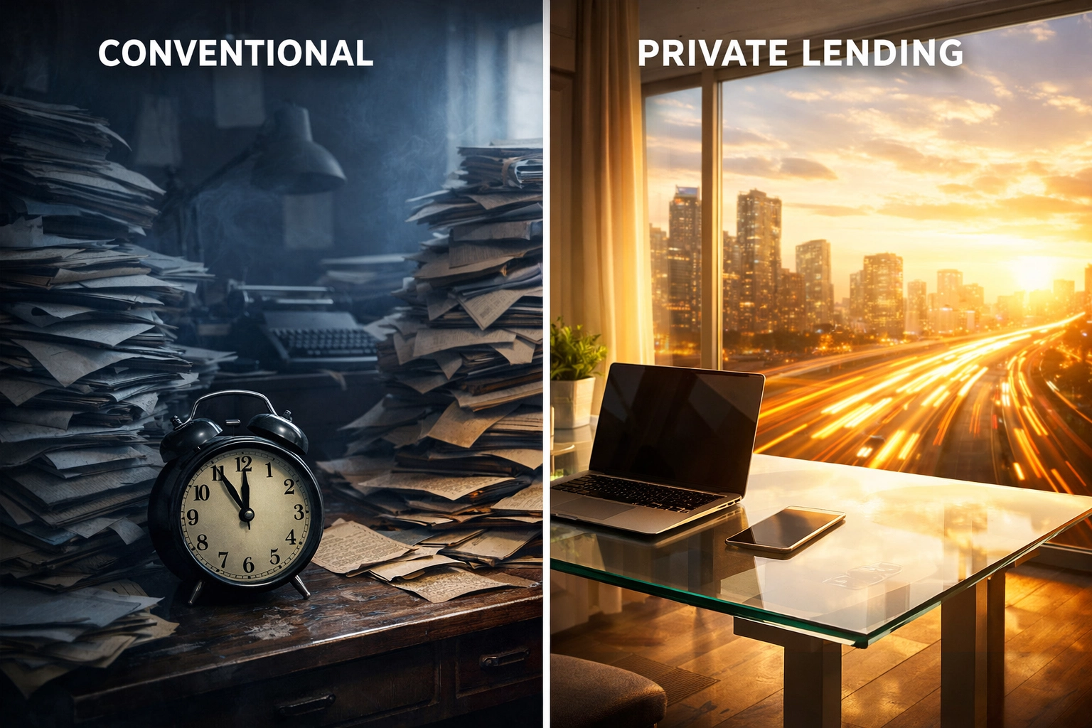 Contrast between slow conventional mortgage paperwork and high-speed private real estate loans.