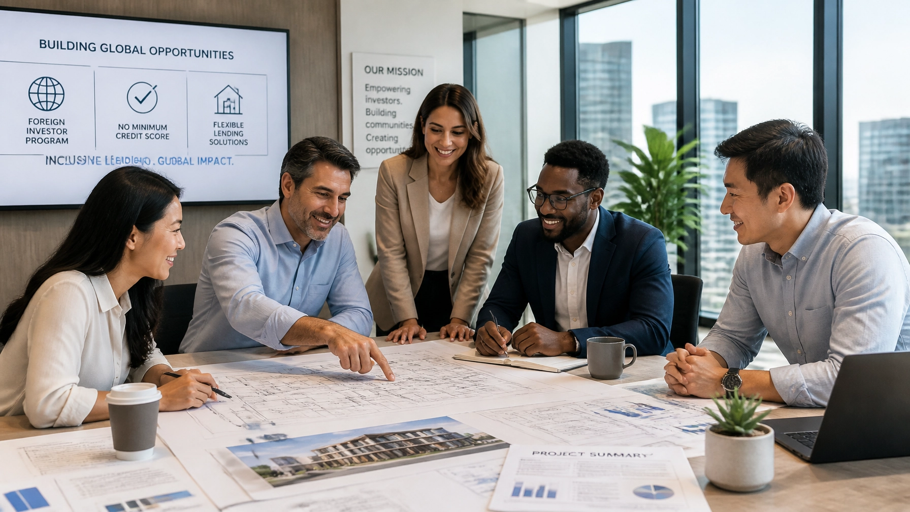 Diverse group of global investors collaborating on a real estate project