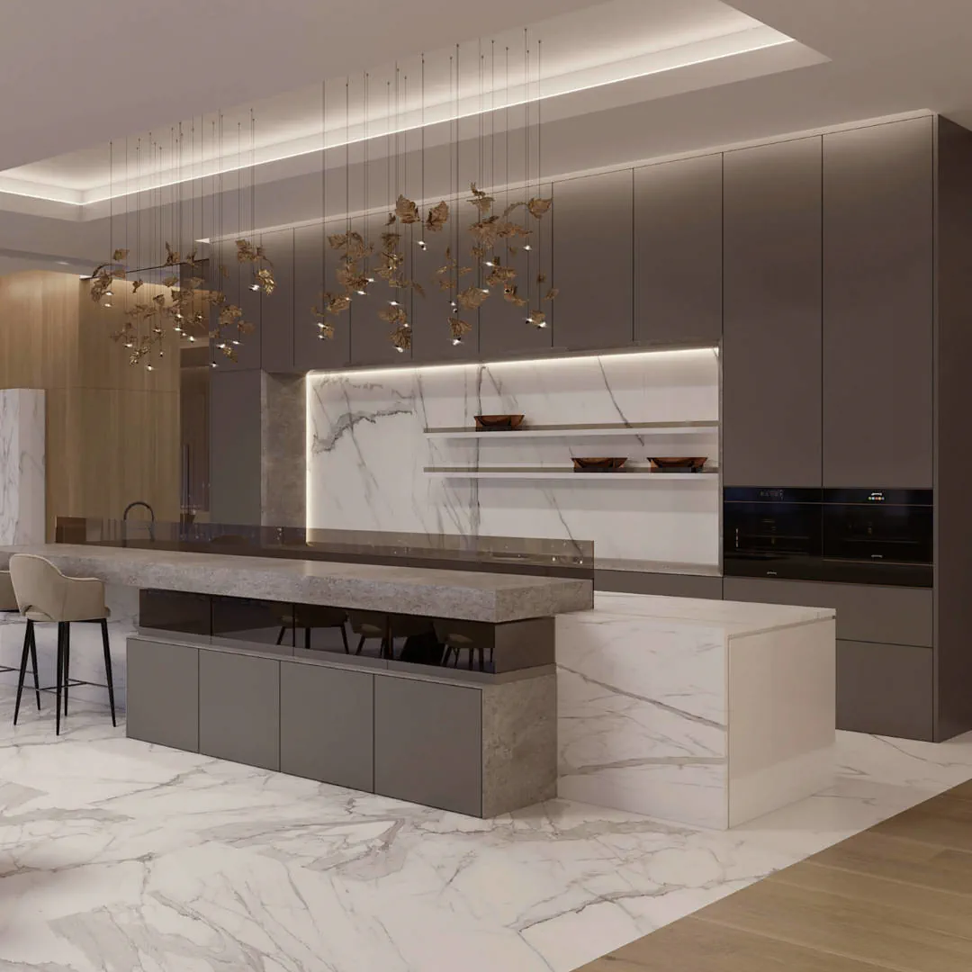 Dělící příborníková sestava kuchyně vytvořila nový designový úložný prostor v jídelně.