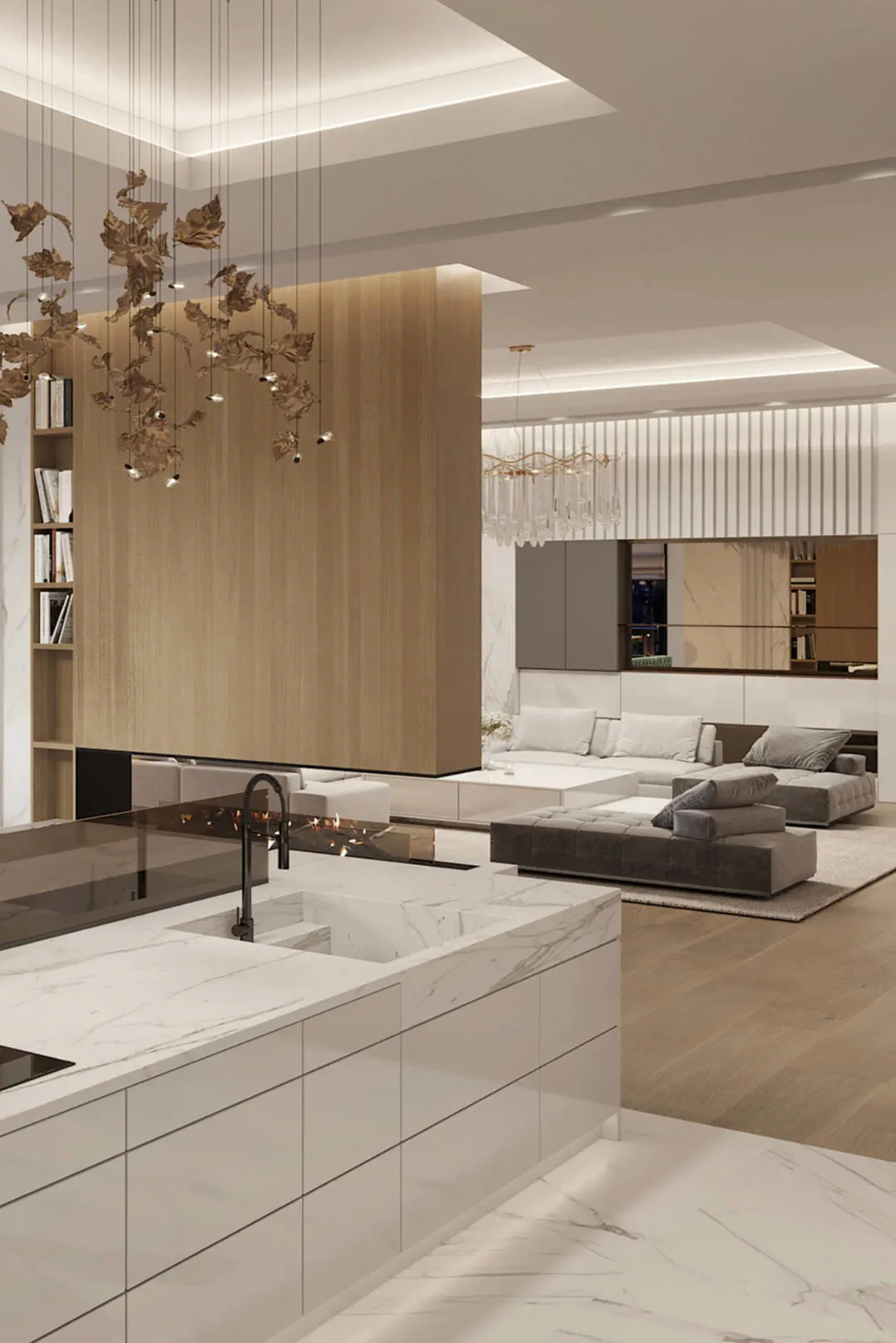 Designový mramorový efekt keramiky se prolíná kuchyní i obývacím pokojem s cílem celkové designové vyváženosti.